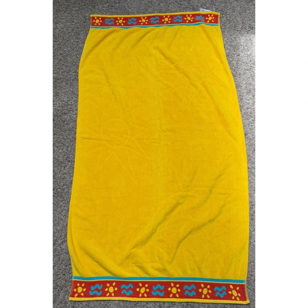 Vintage‎ Seaside Beach Towel Celestial Sun Embossed Retro Yellow Cotton 55x31